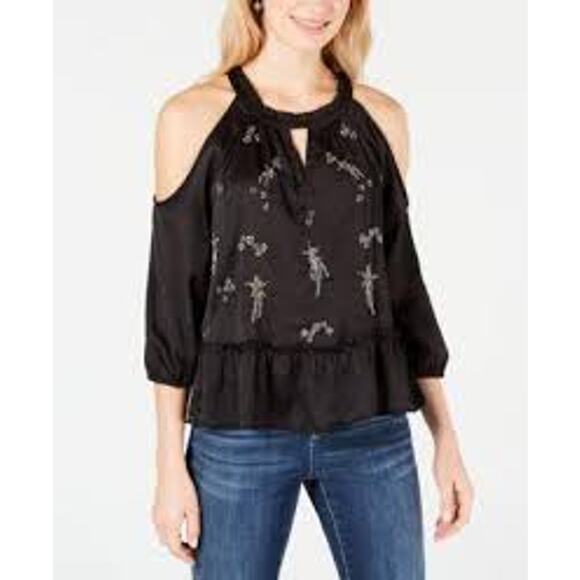 INC Embellished Cold Shoulder Peplum Blouse Black Womens Small - Picture 1 of 10
